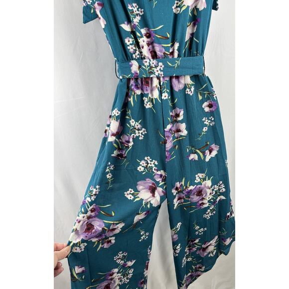 BelongSci Teal Floral Jumpsuit | XS | Wide Leg Sleeveless Romper with Belt - Picture 4 of 8